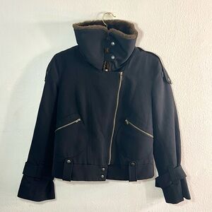 French Connection Black Structured Jacket with Brown Fur Collar High Neck Size 4